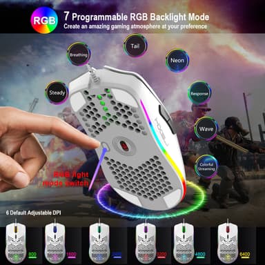 Kablet spillmus med RGB, 6 justerbare DPI, 6 knapper Hvit