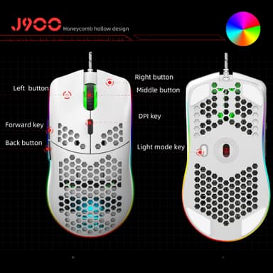Kablet spillmus med RGB, 6 justerbare DPI, 6 knapper Hvit