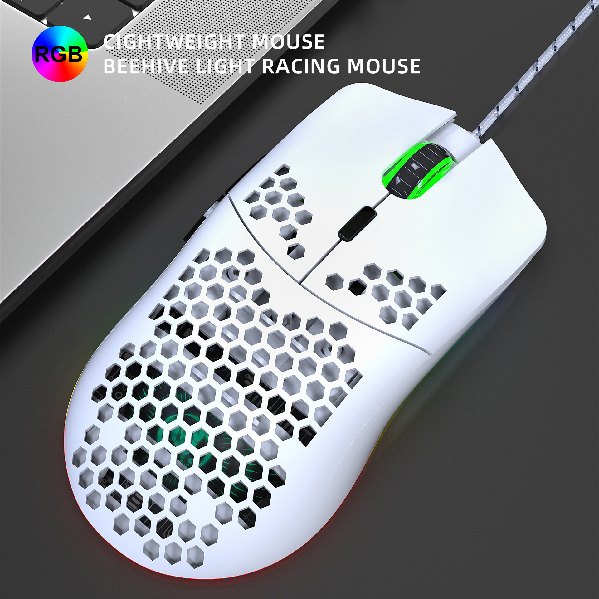 Kablet spillmus med RGB, 6 justerbare DPI, 6 knapper Hvit