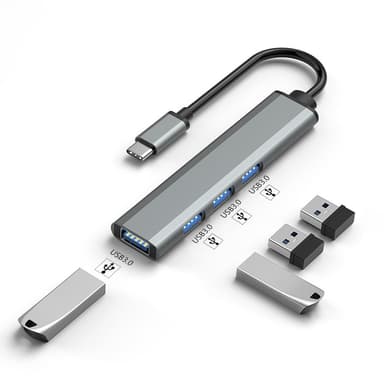 USB-C til USB 3.0 Hub med 4 porter Sølvgrå