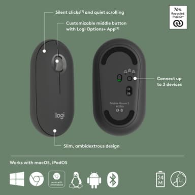 Logitech Pebble Mouse 2 M350s trådløs mus (Grafitt)