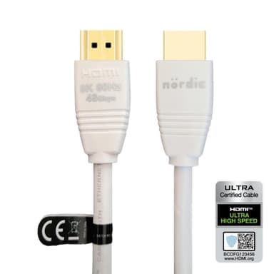 NÖRDIC CERTIFIED CABLES 5m Ultra High Speed ​​​​HDMI2.1 8K 60Hz 4K 120Hz 144Hz 48Gbps Dynamic HDR eARC Game Mode VRR Dolby ATMOS gullbelagt PVC hvit