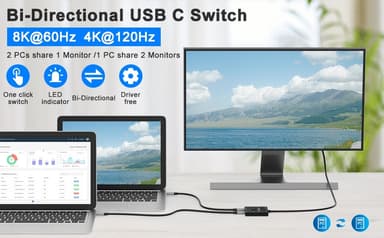 NÖRDIC USB-C 2 til 1 bryter & 1 til 2 splitter, 8K/60Hz 4K/144Hz 100WPD 10Gbps Data+Video+PD