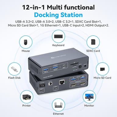 NÖRDIC USB-C Dokkingstasjon med KVM-switch 2 PC 2 skjermer 4K60Hz HDMI EDID 12-i-1 Gigabit Ethernet, kortleser, 5xUSB-A og USB-C