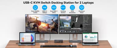 NÖRDIC USB-C Dokkingstasjon med KVM-switch 2 PC 2 skjermer 4K60Hz HDMI EDID 12-i-1 Gigabit Ethernet, kortleser, 5xUSB-A og USB-C