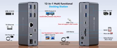 NÖRDIC USB-C Dokkingstasjon med KVM-switch 2 PC 2 skjermer 4K60Hz HDMI EDID 12-i-1 Gigabit Ethernet, kortleser, 5xUSB-A og USB-C