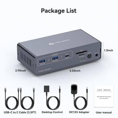 NÖRDIC USB-C Dokkingstasjon med KVM-switch 2 PC 2 skjermer 4K60Hz HDMI EDID 12-i-1 Gigabit Ethernet, kortleser, 5xUSB-A og USB-C