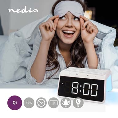 Nedis Alarm clock wireless charger | Qi sertifisert | 5 / 7.5 / 10 / 15 W | USB-A Han | Nattlys | 2 Alarmtider | slumrefunksjon