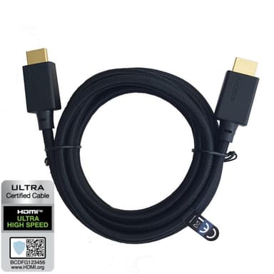 NÖRDIC CERTIFIED CABLES 2M HDMI2.1 Ultra High Speed 8K 60Hz 4K 120Hz 48Gbps Dynamic HDR Earc Game Mode VRR Dolby Atmos Nylon Flettet Kabel Forgylt