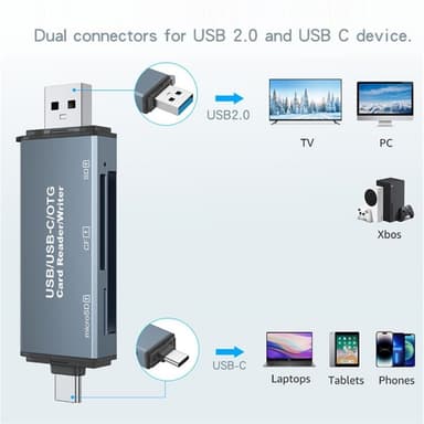 NÖRDIC USB-A, USB-C kortleser 3 spor CF, SD, MicroSD UHS-I