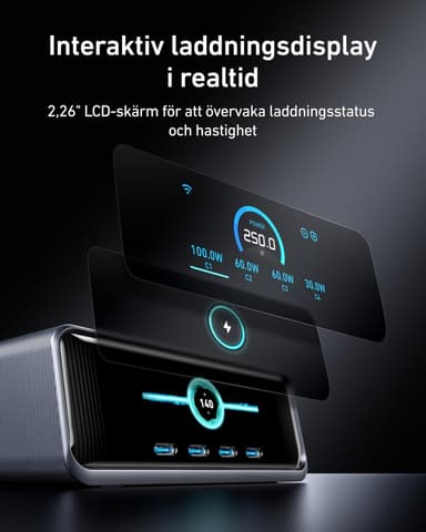 Anker Prime 250 W USB-C-lader, Ekstremt rask 6-ports GaN, 6 cm LCD-skjerm, Smart Control-kontroller