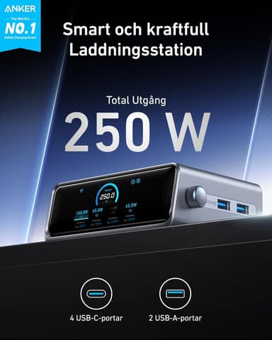 Anker Prime 250 W USB-C-lader, Ekstremt rask 6-ports GaN, 6 cm LCD-skjerm, Smart Control-kontroller