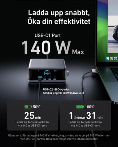 Anker Prime 250 W USB-C-lader, Ekstremt rask 6-ports GaN, 6 cm LCD-skjerm, Smart Control-kontroller