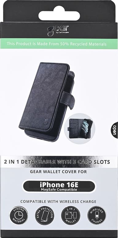 Gear iPhone 16E 2in1 lommebokdeksel (sort)