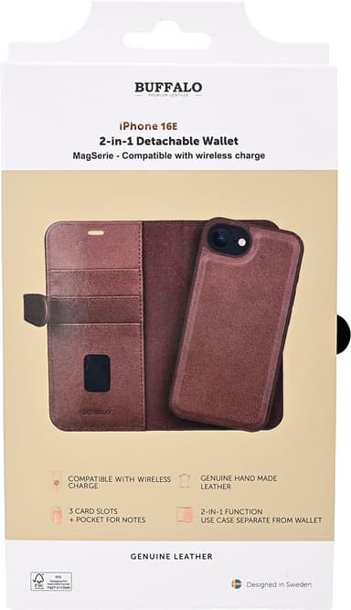 Buffalo iPhone 16E 2in1 lommebokdeksel (brun)