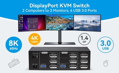 NÖRDIC DisplayPort 1.4 KVM-bryter 2 datamaskiner 3 skjermer 8K60Hz 4K144Hz trippel skjerm 4 USB 3.0 for 2 PC-er deler 3 skjermer