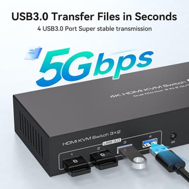 NÖRDIC HDMI KVM-switch 3 datamaskiner 2 skjermer 4K60Hz EDID 4 USB 3.0 porter med fjernkontroll