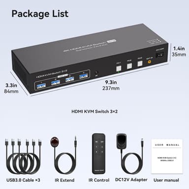 NÖRDIC HDMI KVM-switch 3 datamaskiner 2 skjermer 4K60Hz EDID 4 USB 3.0 porter med fjernkontroll
