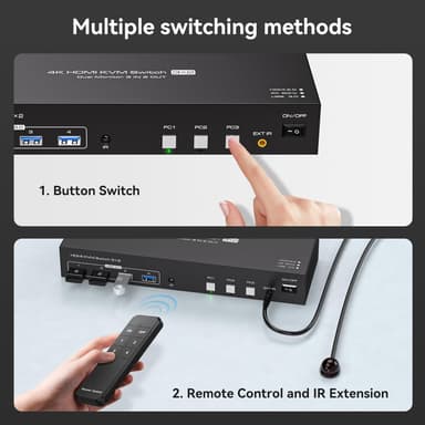 NÖRDIC HDMI KVM-switch 3 datamaskiner 2 skjermer 4K60Hz EDID 4 USB 3.0 porter med fjernkontroll