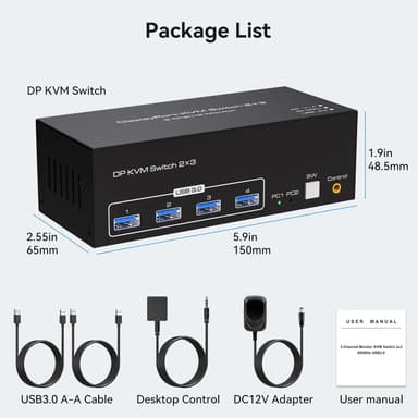 NÖRDIC DisplayPort 1.4 KVM-bryter 2 datamaskiner 3 skjermer 8K60Hz 4K144Hz trippel skjerm 4 USB 3.0 for 2 PC-er deler 3 skjermer