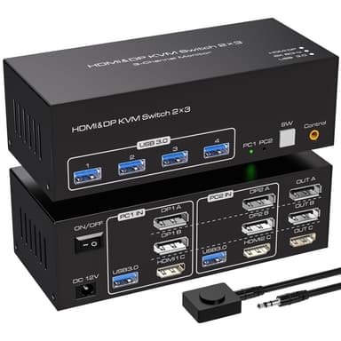 NÖRDIC KVM-switch 2 PC 3 skjermer 8K60Hz 4K144Hz Trippel skjerm 2xDP 1xHDMI 4xUSB 3.0 porter