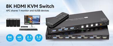 NÖRDIC HDMI KVM-switch 4 datamaskiner 1 skjerm 8K 60Hz 4K 144/120Hz USB-enheter