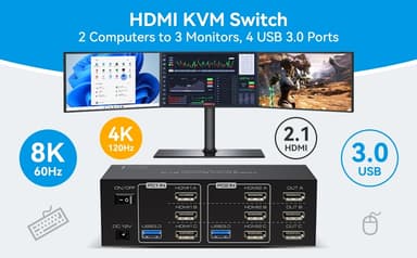 NÖRDIC HDMI 2.1 KVM-switch 2 datamaskiner 3 skjermer 8K60Hz 4K144Hz Trippel skjerm 4 USB 3.0 for 2 PC dele 3 skjermer
