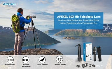 APEXEL Kraftig 60X Teleobjektiv for iPhone Kameralinse med Utløserknapp og Stativ for Måneskue / Fritid