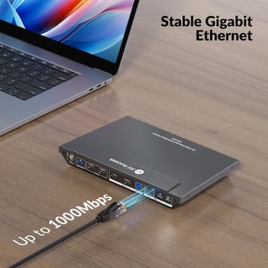 AV Access KD-E10 Dockingstasjon & KVM Switch for 2 datamaskiner til 2 skjermer HDMI 4K60Hz, 100W PD, 3 x USB, 1G Ethernet, SD, 3.5 mm AUX Audio EDID