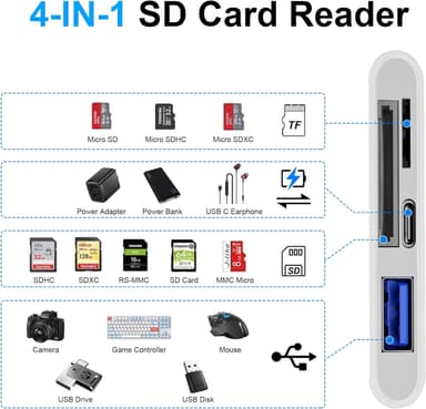 NÖRDIC USB-C kortleser 2 spor SD, MicroSD 1xUSB-A 1xUSB-C UHS-I
