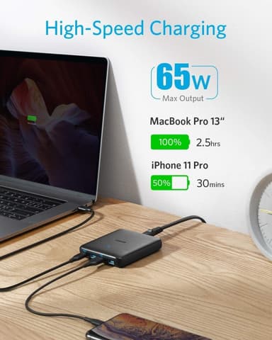 Anker PowerPort Atom III Slim GaN Vegglader, 3XUSB-A 1XUSB-C porter 65W maks, 4-porter, PIQ 3.0, for bærbare datamaskiner, nettbrett og smarttelefoner