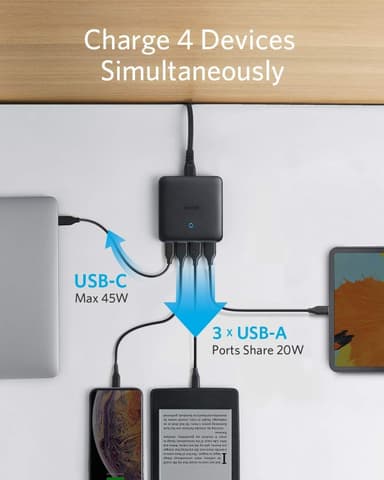 Anker PowerPort Atom III Slim GaN Vegglader, 3XUSB-A 1XUSB-C porter 65W maks, 4-porter, PIQ 3.0, for bærbare datamaskiner, nettbrett og smarttelefoner