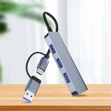 Dobbel USB-C og USB-A Hub med 1 USB3.0-port og 3 USB2.0-porter
