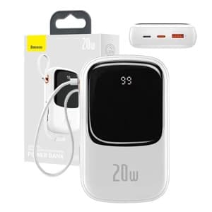 Powerbank Baseus Qpow PRO med Lightning-kabel, USB-C-port og USB 20000mAh, 20W (hvit)