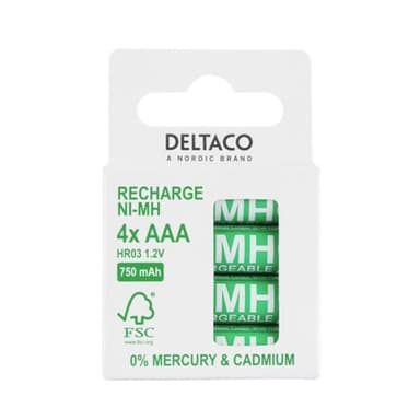 Deltaco oppladbare batterier AAA 750mAh 4-pakning