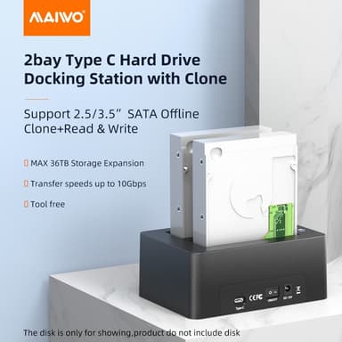 Maiwo K3082C USB C 3.1 Gen2 10Gbps Docking Station for 2.5 3,5 SATA HDD SSD Opptil 20TB med støtte for BEASP, Støtte for Sataiii 6Gbps