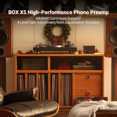 Fosi Audio Box X5 Mini Forsterker Hjemmeaudio for MM & MC Pickups, Aktive Høyttalere, 4-nivå Justerbar Gain 38/48/56/66 dB med RCA