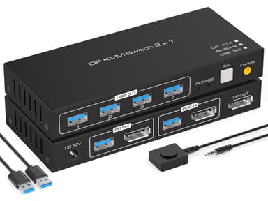 NÖRDIC KVM-svitsj 2 til 1 DisplayPort til DisplayPort, 8K60Hz/4K120Hz, 4x USB-A