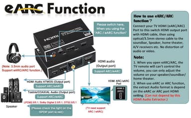 NÖRDIC HDMI Extractor 4K60Hz HDMI til HDMI + Optisk Toslink + Koaksial + 3,5 mm lyd + 7,1 CH HDMI-støtte for eARC / ARC HDR Dolby ATMOS