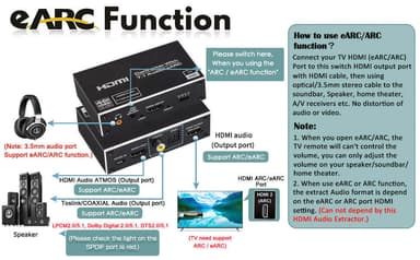 NÖRDIC HDMI Extractor 4K60Hz HDMI til HDMI + Optisk Toslink + Koaksial + 3,5 mm lyd + 7,1 CH HDMI-støtte for eARC / ARC HDR Dolby ATMOS