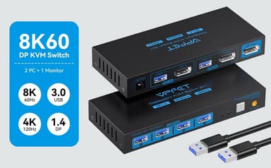 NÖRDIC KVM-svitsj 2 til 1 DisplayPort til DisplayPort, 8K60Hz/4K120Hz, 4x USB-A