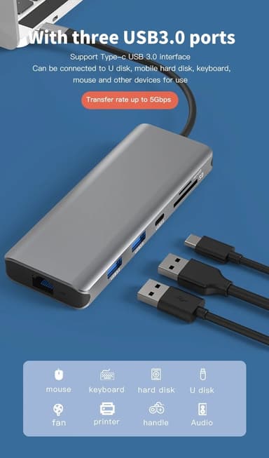 NÖRDIC 1 til 10 USB-C-dokkingstasjon 1xHDMI 8K30Hz 1XHDMI 4K60Hz 2xUSB3.0, 1xUSB-C, 1xRJ45 GigaLan, 1xPD 87W, 1xSD og 1xMicroSD 1xAux stereo