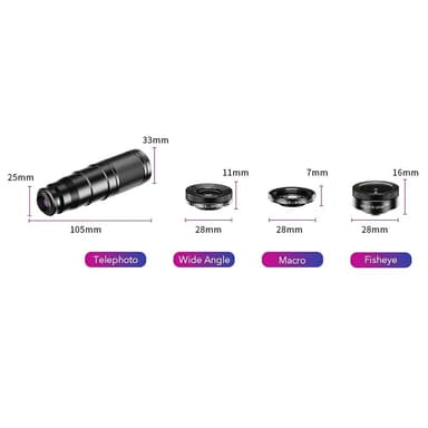 APEXEL 6-i-1 Telefonlinsesett – 22X teleobjektiv, 205° fisheye-linse, 120° vidvinkellinse & 25X makrolinse