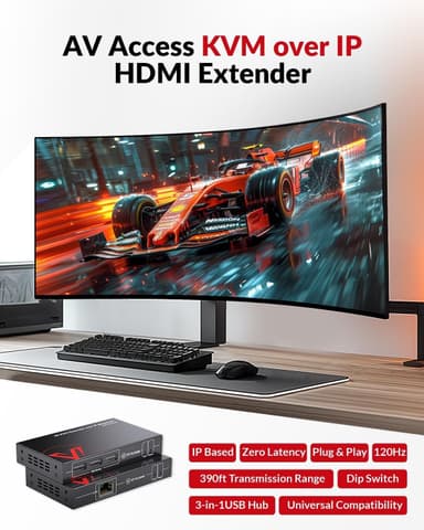 AV Access 4KIP100-KVM 4K KVM-forlenger over TCP/IP Ethernet opptil 120 m, UHD 4K @ 30Hz 1080P@120Hz, 16 sett DIP-brytere, EDID-funksjon