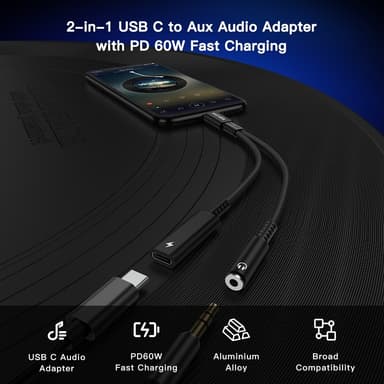 NÖRDIC 2 i 1 USB C til 3,5 mm hodetelefonadapter med 60W lading