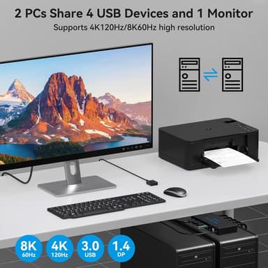 NÖRDIC KVM-svitsj 2 til 1 DisplayPort til DisplayPort, 8K60Hz/4K120Hz, 4x USB-A