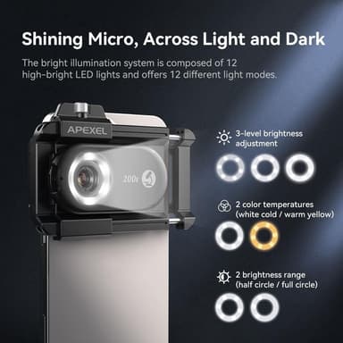 APEXEL Telefon Mikro Linse Nano Zoom for Android/iPhone med LED UV Lys/CPL/Universal Klemme APL-MS200