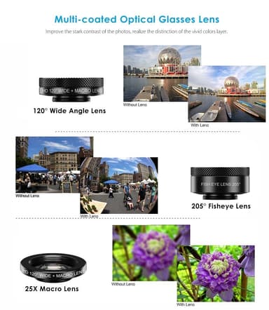 APEXEL 6-i-1 Telefonlinsesett – 22X teleobjektiv, 205° fisheye-linse, 120° vidvinkellinse & 25X makrolinse