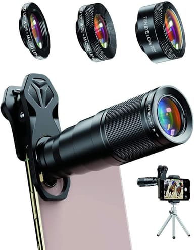 APEXEL 6-i-1 Telefonlinsesett – 22X teleobjektiv, 205° fisheye-linse, 120° vidvinkellinse & 25X makrolinse