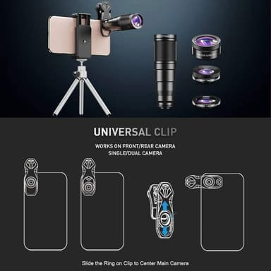 APEXEL 6-i-1 Telefonlinsesett – 22X teleobjektiv, 205° fisheye-linse, 120° vidvinkellinse & 25X makrolinse